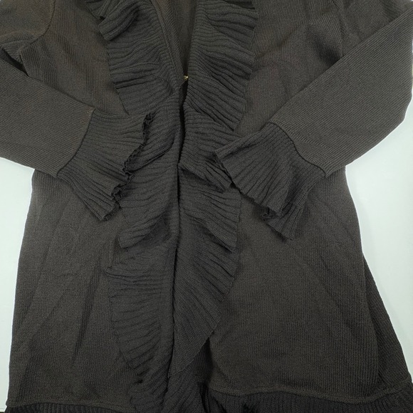 St John Collection Chocolate Brown Ruffle‎ Front Open Knit Cardigan Sweater 8 - Picture 2 of 14